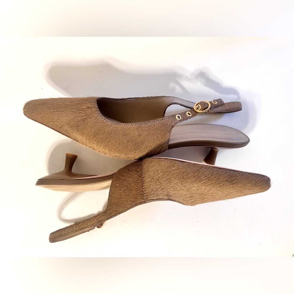 NWOT $116 Antonio Melani Camel Bovine Hair Leather Slingback Pumps - Picture 4 of 7